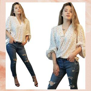 White Tiny Heart Print Bishop Sleeve Blouse